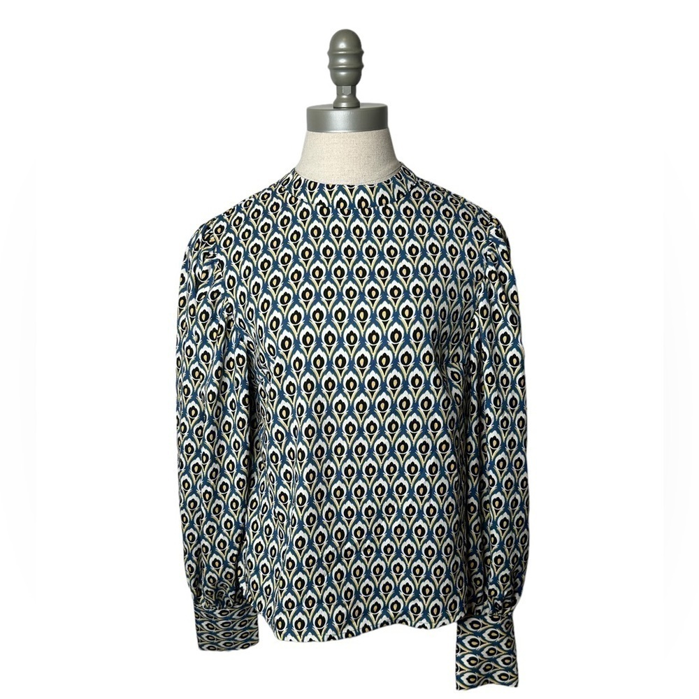 Cupcakes & Cashmere Peacock Abstract Printed Mock Neck Long Sleeve Blouse Small - Picture 2 of 13
